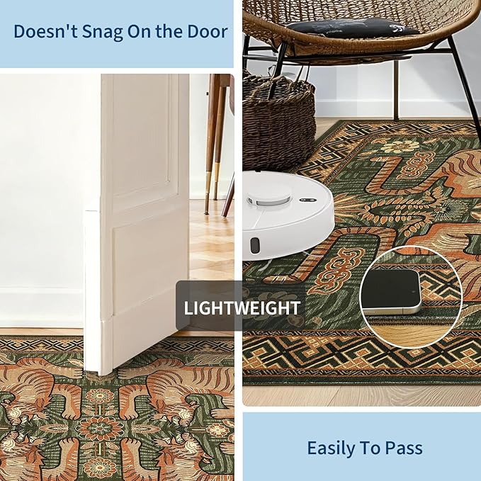 GarveeHome Tiger Round Area Rugs, 4ft Boho Green Animal Print Bedroom Circle Rugs Non Slip, Washable Vintage Tribal Floor Carpet for Dining Room Entryway Nursery Playroom Office