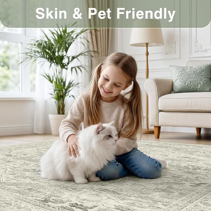 FMFUNCTEX 2x6 Runner Rug Green Neutral Washable Distressed Oriental Vintage Non Slip Low Pile Indoor Carpet Retro Hallway Entryway Rug for Kitchen Living Room Bedroom Bathroom Laundry Entry Bedside