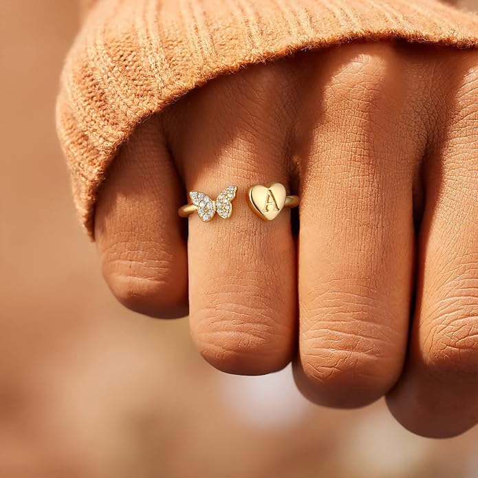 Initial Ring for Women Teens, Gold Plated Butterfly Heart Letter K Open Adjustable Ring, Dainty Alphabet Ring Jewelry Gift for Birthday