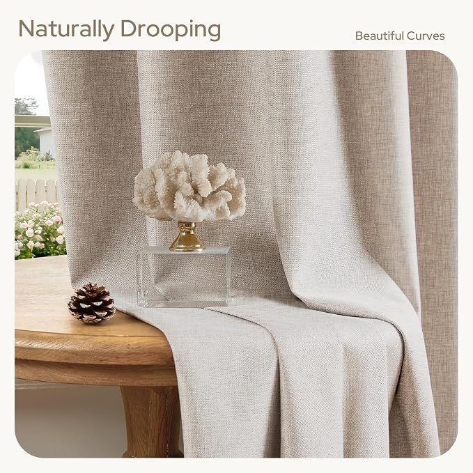 HOMEIDEAS 100% Blackout Faux Linen Curtains,Beige Modern Farmhouse Winter Boho Curtains 84 Inches Long 2 Panels, Rod Pocket & Back Tab for Vintage Living Room,Bedroom Decor