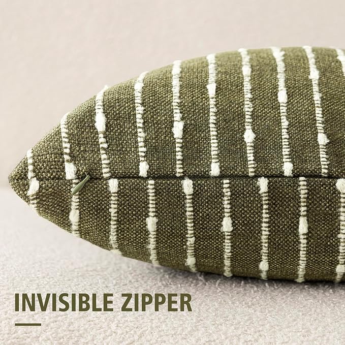 Foindtower Pack of 2 Decorative Jacquard Boucle Lumbar Throw Pillow Covers Accent Textured Striped Pillowcases Cozy Boho Cushion for Couch Sofa Bedroom Living Room Home Decor 12x20 Inch Olive Green