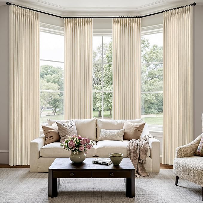 MIULEE Pinch Pleated Thick Linen Curtains 40x96 Inch Warm Beige 4 Panel Set | Back Tab, Memory Trained, Pinch Pleat, Semi Sheer, Light Filtering Curtains, Window Drapes for Living Room Bedroom