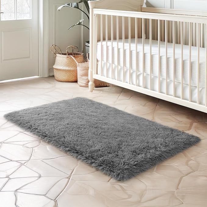 qulint 2x3 Small Rug for Bedroom, Dark Grey Shag Fuzzy Rug for Living Room | Shaggy Boys Room Rug, Plush Fluffy Modern Alfombras for Nursery Dorm Kid Room Classroom Home Decor