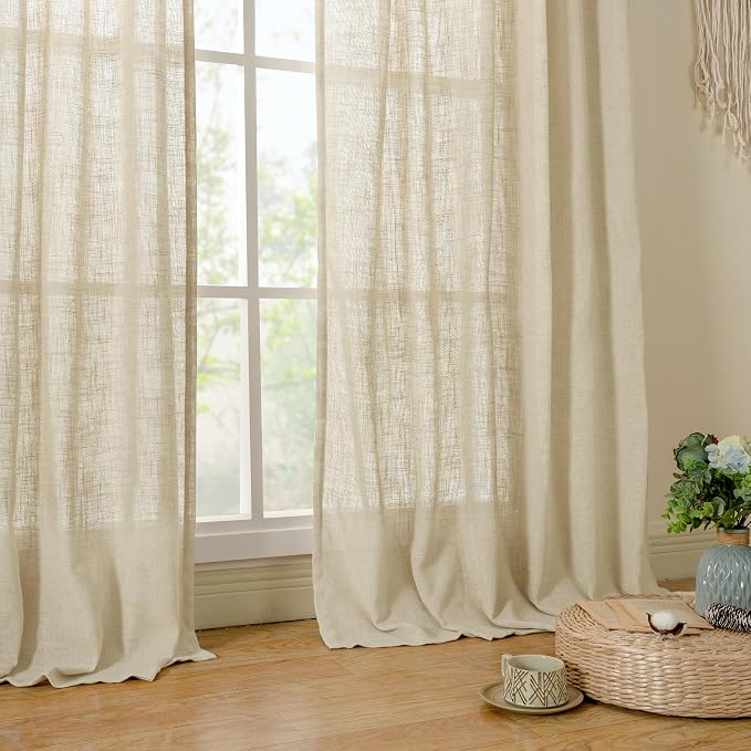 LAMIT 96 inch Linen Curtains for Bedroom, Light Filtering Semi Sheer Panels Back Tab and Rod Pocket Floor to Ceiling Curtains for Living Room, 2 Panels Set, Linen, 52 x 96 Inch