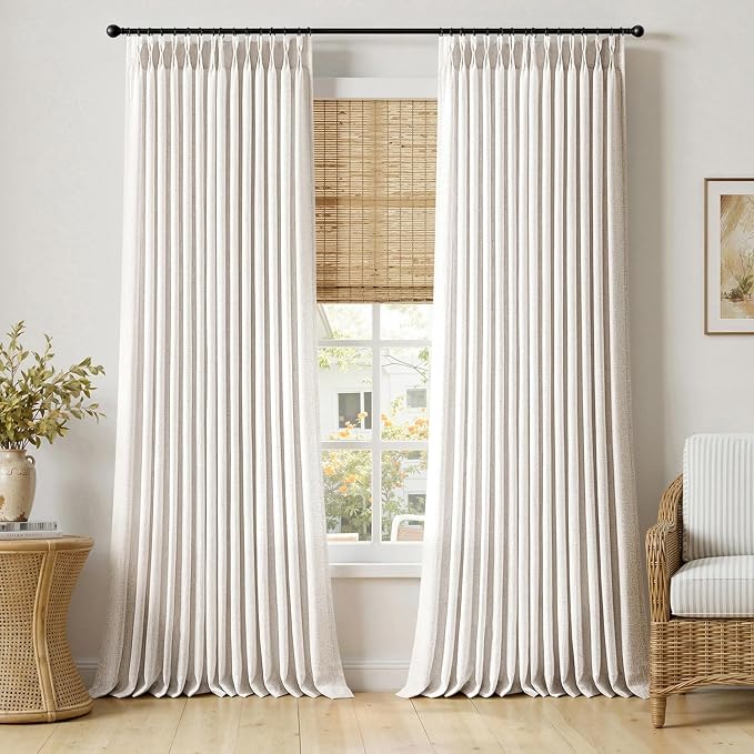 MIULEE 102 Inches Long Pinch Pleated Thick Linen Curtains 2 Panels for Living Room Bedroom, Natural Memory Trained Drapes Pleat Back Tab Light Filtering Privacy Sliding Door Window Curtains with Hooks
