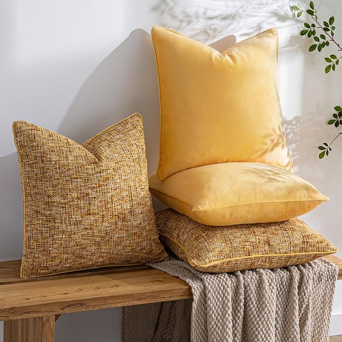 a moment Bright Yellow 4 Pack Throw Pillow Covers - Chenille & Velvet Set with Piping, Farmhouse Textured Design Pillow Cases for Couch Sofa Bed Livingroom (16x16 Inch, No Insert)