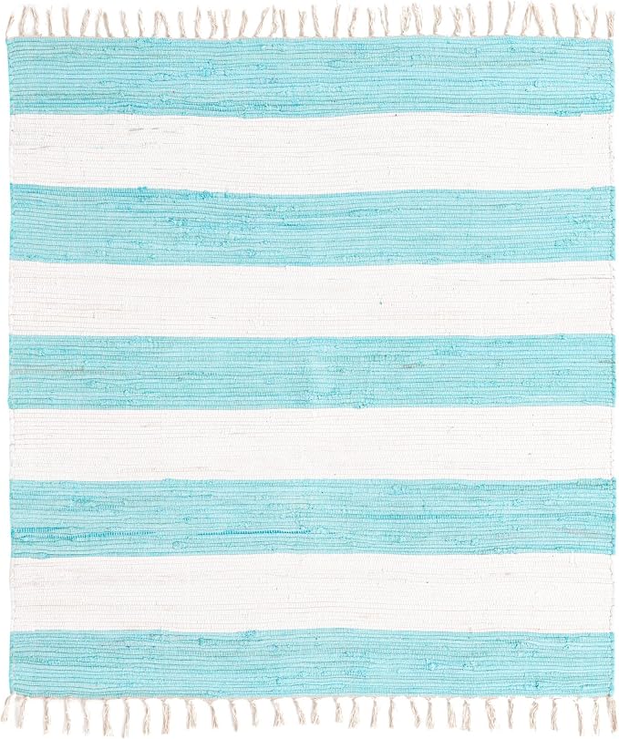 Unique Loom Chindi Rag Collection Area Rug - Striped (5' 1" Square, Turquoise and Ivory)