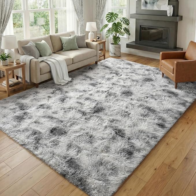 Fluffy 5x7 Area Rugs for Bedroom: Tie-dye White Grey Soft Shag Rug for Living Room, Large Fuzzy Plush Indoor Floor Carpet Non Slip Modern Rug for Nursery Boys Girls Kids Room Playroom Dorms Home Decor