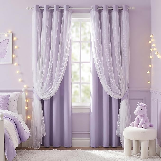 MYSKY HOME Lilac Curtains for Girls Bedroom & Nursery Kids Purple Lavender Blackout Curtains Double Layer with Polka Dots Sheer, Grommet Tops, 52x95 Inch, 2 Panels