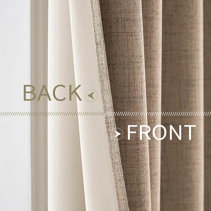 MIULEE 100% Blackout Linen Textured Curtains for Bedroom Solid Thermal Insulated Copper Brown Grommet Room Darkening Curtains & Drapes Luxury Decor for Living Room 52 x 90 Inch (2 Panels)