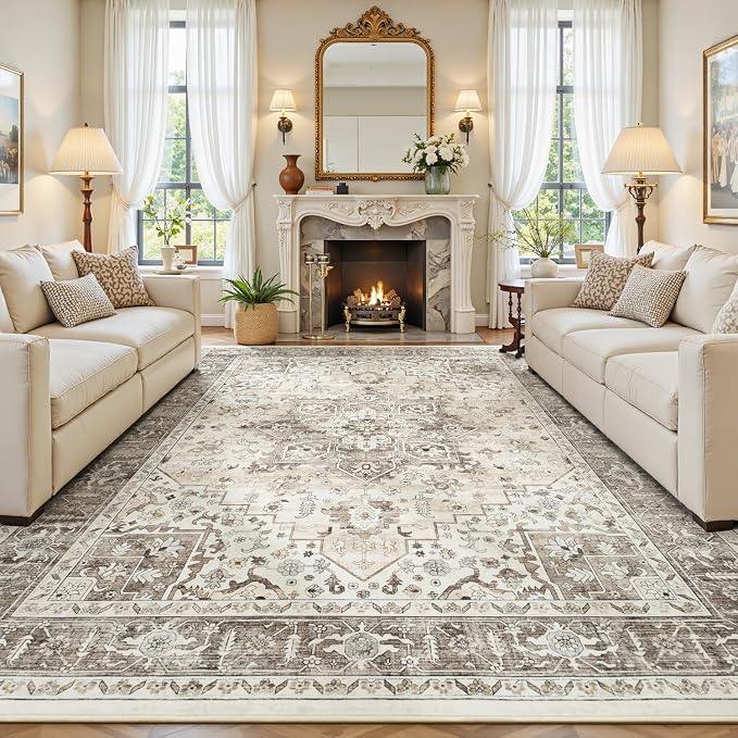 Neutral Camel 8x10 Rug for Living Room - Large Vintage Farmhouse Eclectic Brown Medallion Carpet, Washable Low Pile Non-Slip Area Rug for Dining Under Table, Bedroom, Office, Nursery, Lounge