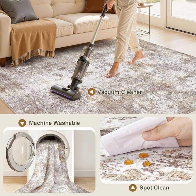 Machine Washable Runner Rug 2x6, Non Slip Soft Rug for Hallway | Modern Abstract Carpet, Stain Resistant and Pet Friendly, Joint-Friendly Indoor Rug, Made for Kitchen, Bathroom - Gold Brown