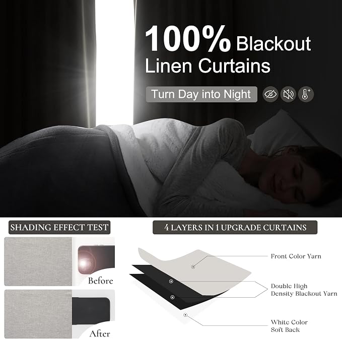 Pleat Linen Blend Room Darkening Curtains 84 Inch Length 2 Panels Set for Living Room, Natural Melange Grey for Bedroom Windows Blackout Drapes Heat Blocking Curtain for Summer Heat (50"Wx84"L)