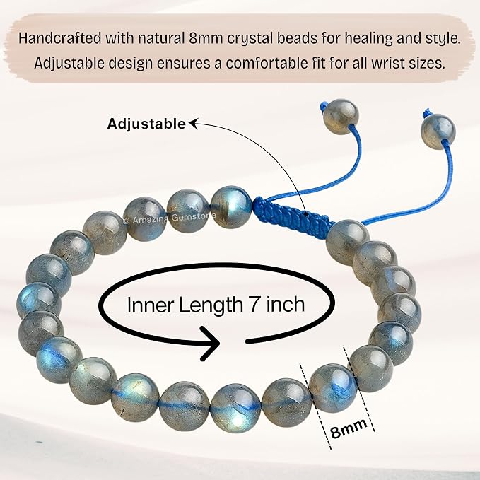 Amazing Gemstone Labradorite Bracelet, Gifts for Men & Women - Protection Healing Crystal Bracelet - 8mm Gemstone Beaded Adjustable Bracelet, Pulseras para Hombres Mujer Stocking Stuffers