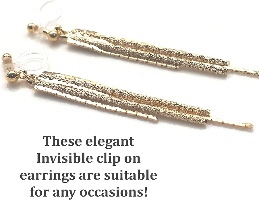 Comfortable Stick Invisible Clip On Earrings Gold Dangle Long Waved Threader Bar Clip-On Non Pierced Earrings Silver For Women,…