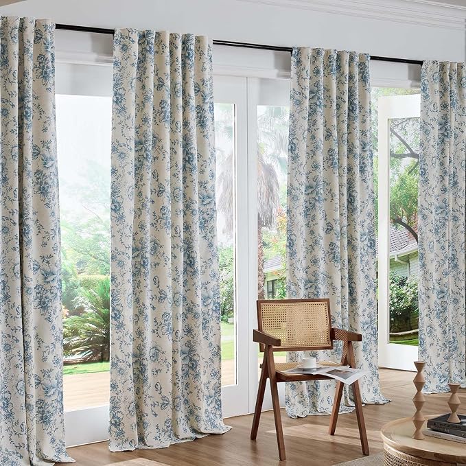 jinchan Blue Floral Linen Blackout Curtains Lined 63 Inch Back Tab 2 Panels | Blackout lining, room darkening drapes, farmhouse, vintage, cottagecore, rustic, bedroom, living room, window treatment