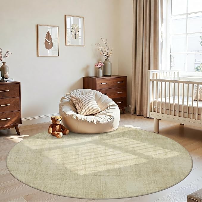 Joydeco Boho Abstract Beige Round Rugs 6FT, Washable Circle Area Rug for Bedroom Living Room Playroom, Non Slip Circular Neutral Classic Throw Carpet for Nursery Dorm Classroom Dining Room
