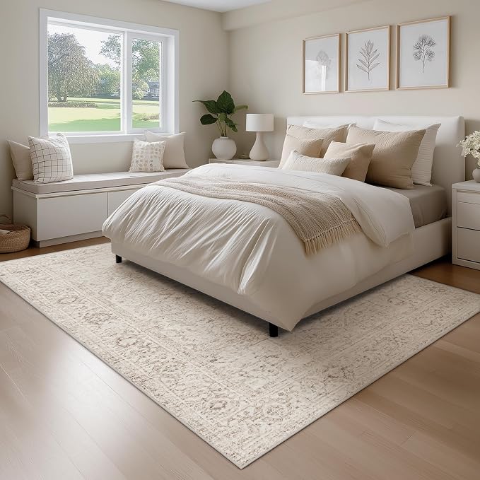 FMFUNCTEX 7x9 Washable Area Rug Beige Vintage Neutral Distressed Oriental Large Non Slip Carpet for Living Room Bedroom Soft Low Pile Indoor Mat Retro Throw Rug for Dining Room Kitchen Office Nursery