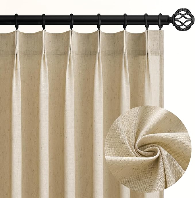108 Inch Pinch Pleated Linen Curtains 2 Panels,Natural Beige Semi Sheer Curtains With Pleated Hooks Back Tab for Track System,Extra Long 9ft Curtain for Living Room Bedroom Ceiling to Floor,40x108