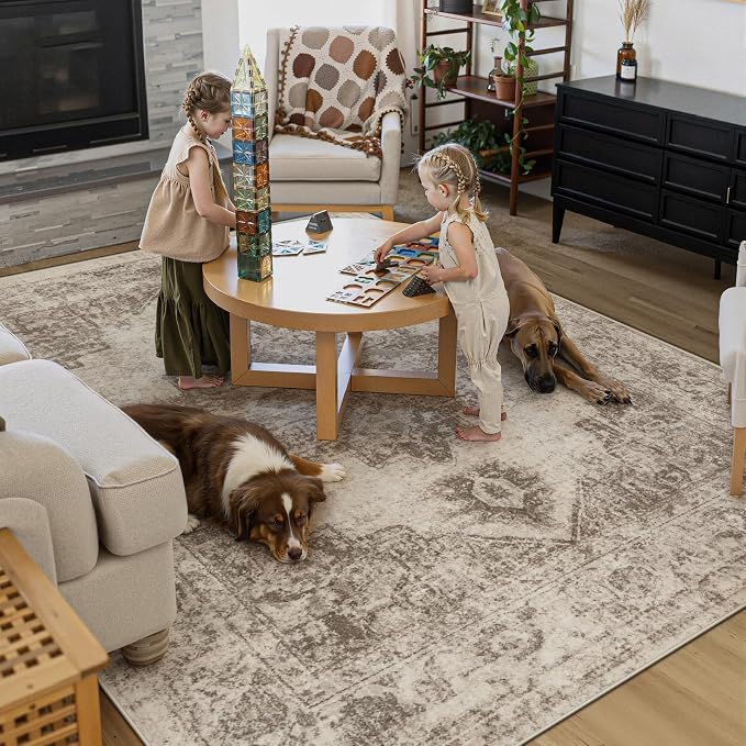 Area Rug 8x10 Vintage Rugs: Large Washable Indoor Medallion Rug Low Pile Distressed Floor Carpet Retro Accent Rugs for Living Room Bedroom Kitchen Dining Table Home Office(Taupe, 8'x10')