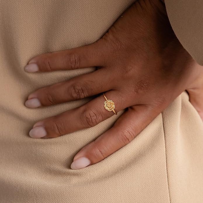 Birth Flower Ring for Women 14K Gold Plated Floral Minimalist Stackable Finger Jewelry Birthday Gifts