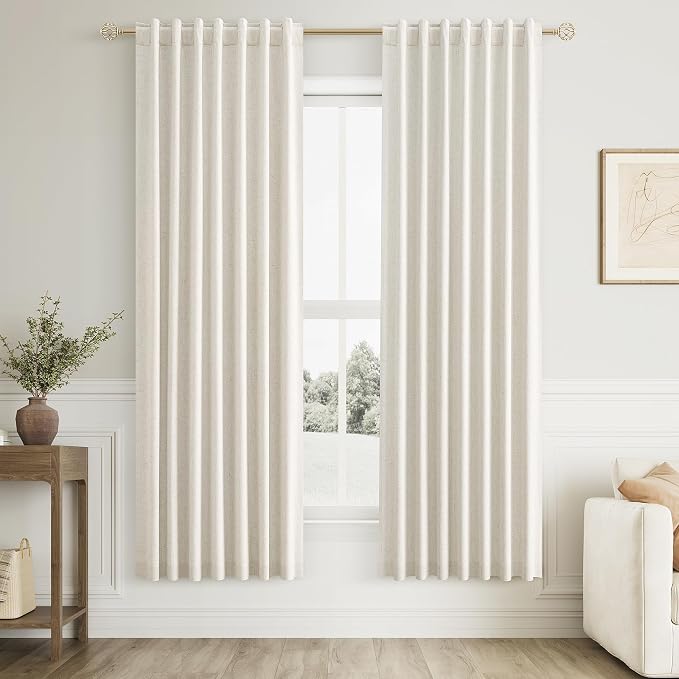 Guken 100% Blackout Linen Curtains for Bedroom 72 Inches Long Natural Cream Black Out Curtain Back Tab Thermal Insulated Room Darkening Window Drapes for Living Room 2 Panels Beige Ivory 42x72