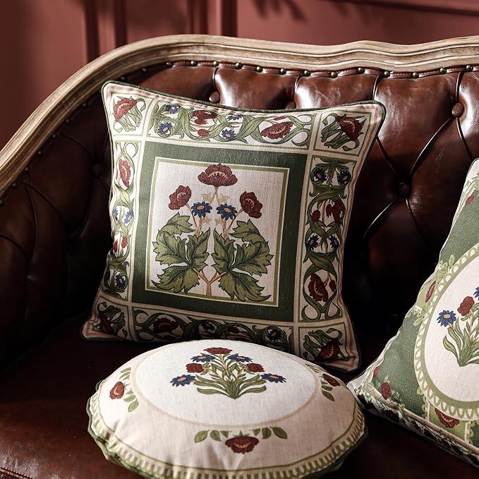 ISAENNE Elegant Linen Throw Pillow Cover,Set of 2,Diameter 16"-Estonia E | Designer Vintage Round Pillow Cover,Concealed Zipper Design,Floral Pattern,Sofas,Bedroom,Living Room,Lounge Chairs