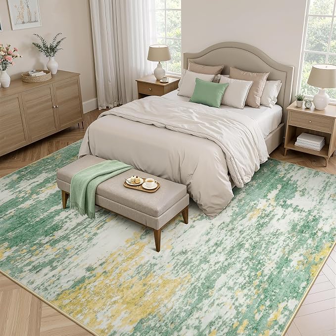 Lofus 9x12 Area Rug for Living Room,Abstract Large Rugs with Non-Slip Backing, Neutral Modern Washable Carpet for Bedroom Dining Room Home Office Nursery Indoor, Light Green/Yellow