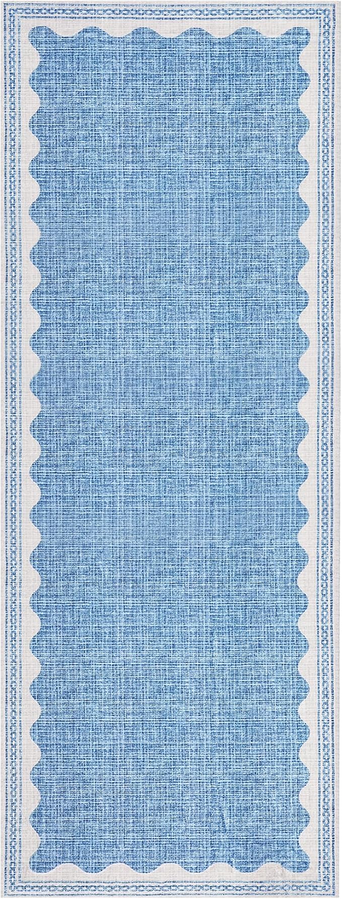 GarveeHome 2.5x8 Runner Rug for Hallway Washable Kitchen Rugs Non Slip Solid Blue Modern Minimalism Soft Low-Pile Scalloped Indoor Carpet for Entryway Laundry Room Floor Mats