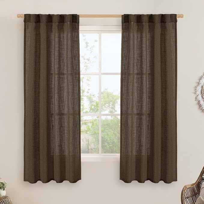 LAMIT Linen Curtains 60 Inch Length 2 Panels, Light Filtering Panels Back Tab and Rod Pocket Neutral Drapes for Bedroom/Window/Living Room, Dark Brown, 34 x 60 Inch