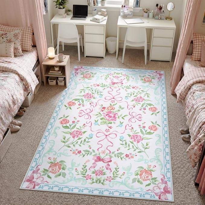 Collive Pink and Blue Floral Rugs for Girls, 5x7 Boho Bow Washable Area Rug for Living Room, Cute Ultra-Thin Non Slip Indoor Decor Carpet for Nursery Kids Room Bedroom Playroom