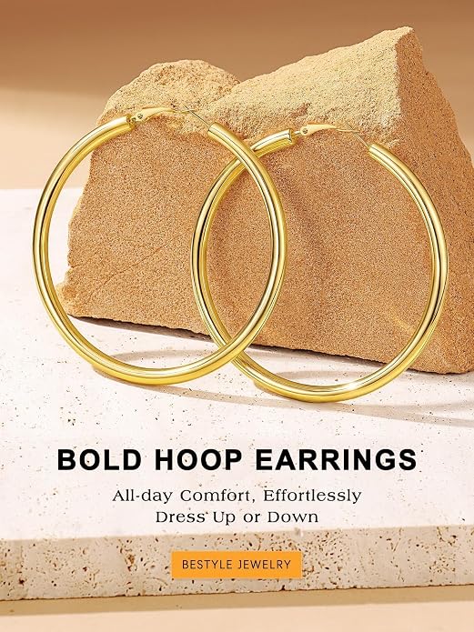 Bestyle 5mm Thick Gold Hoop Earrings Hypoallergenic Hoops for Sensitive Ears Trendy Lightweight Chunky Earrings for Women 30/40/60/80mm