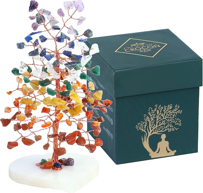 Crocon® Crystal Heart Base Tree of Life, Birthday Gifts for Women, 7 Chakra Healing Crystals Tree Brings Positive Energy, Good Luck, Feng Shui House & Office Desk Decor for Girlfriend & Wife Present