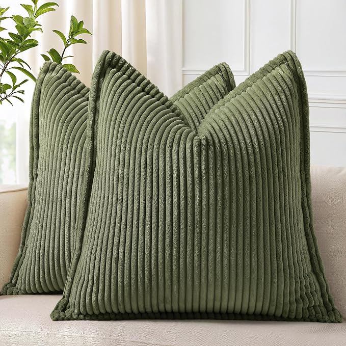 decorUhome Fall Corduroy Olive Green Throw Pillow Covers 20x20 Set of 2 | Couch Decorative Soft Modern Boho Farmhouse Pillow Covers Broadside Striped Pillow Cases for Living Room Bed Sofa
