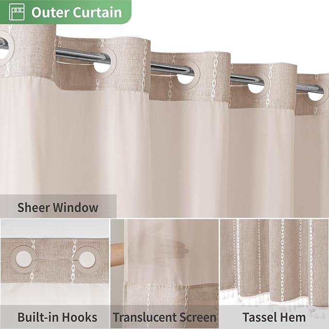 eachope No Hook Extra Long Shower Curtain Set with Snap-in Liner,Linen Textured Thick Striped Fabric with Tassels,Boho Chic Modern Farmhouse Bathroom Curtain,Water-Repellent,Tan/Taupe,71x86