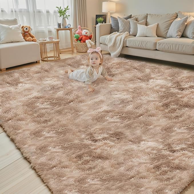 Rugs for Bedroom 4x6, Alfombras para Salas Shag Plush Soft Area Rug, Shaggy Carpets for Livingroom,Home Decor Aesthetic(4 x 6, Dark Beige Tie-Dyed)