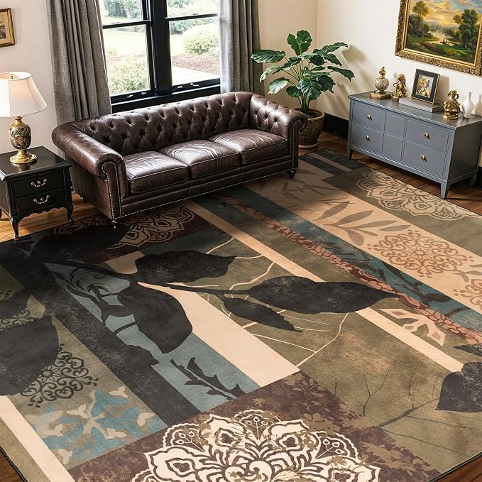 LIANLAM 6x9 Washable Area Rugs for Living Room and Bedroom(6x9,Leaf) | Non-Slip Large Carpet,Vintage Checkered Pattern, Stain Resistant Faux Wool Low Pile Soft Rug for Dining Room,Office,Nursery