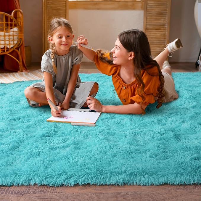 9x12 Teal Blue Rug for Bedroom,Ultra-Soft Fluffy Area Rugs for Living Room | Large Soft Plush Furry Non-Slip Carpet for Kids,Girls Boys and Teens Decorations Aesthetic for Dorm Nursery Classroom