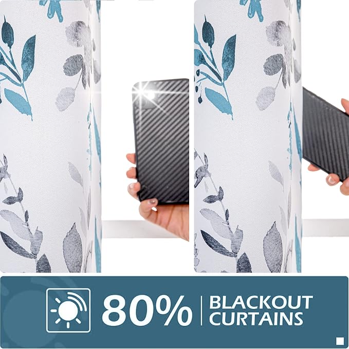 MYSKY HOME Floral Blackout Curtains for Kitchen Room Darkening Thermal Insulated Panels 45 Inch Long Light Blocking Grommet Rustic Curtains for Dormer Window, 2 Panels, Turquoise