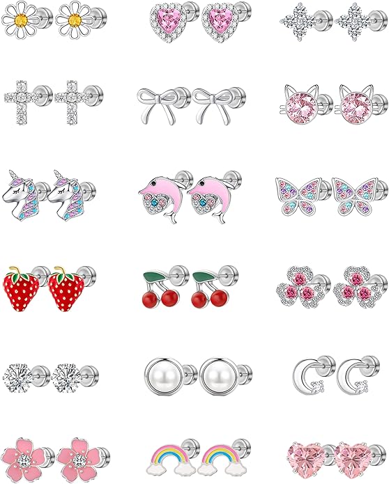 18 Pairs Hypoallergenic Screw Back Earrings for Girls Women Sensitive Ears Surgical Stainless Steel Butterfly Cherry Strawberry Rainbow Stud Flat Back Earrings for Kids Little Girl Teens Gift