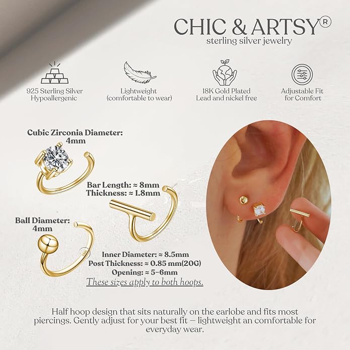 CHIC & ARTSY 925 Sterling Silver Half Hoop Earrings for Women, Small Huggie Hoops Set with Ball Bar Star Moon Cross & Pearl, Lightweight Comfort Fit Everyday & Sleep Earrings