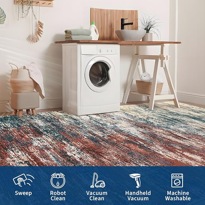 ROYHOME Washable Rug 5x7 Abstract Area Rug for Living Room, Non Slip Foldable Soft Rugs for Bedroom, Stain Resistant Rugs Modern Fuzzy Rug, Indoor Floor Carpet for Entryway Home, Red Multi
