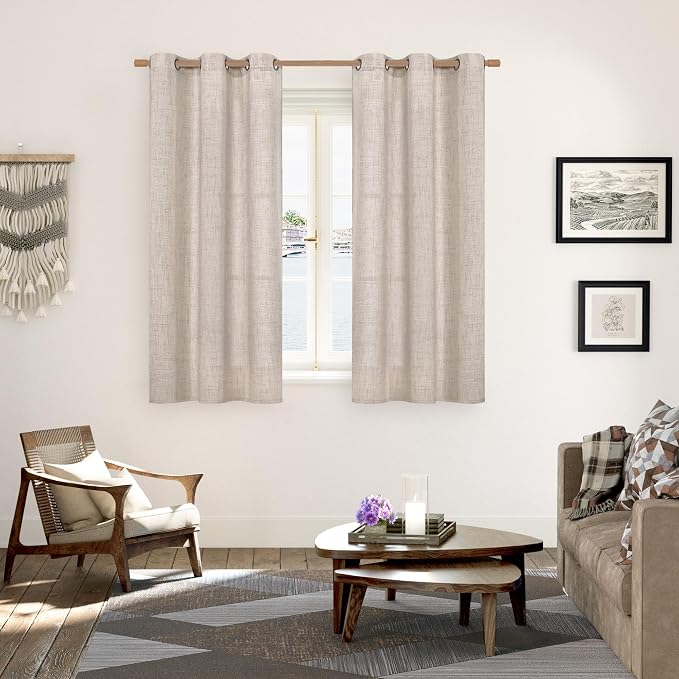 YoungsTex Natural Linen Curtains 48 Inches Length for Living Room Windows, Short Semi Sheer Drapes Light Filtering with Bronze Grommet for Bedroom, 2 Panels, 42 X 48 Inch