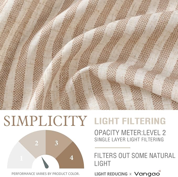 Vangao Taupe Stripe Linen Tiers Curtains 36 Inch Farmhouse 2 Panels | Light Filtering, Semi Sheer, for Kitchen, Living room, Tickingstripe Drapes, Pinstripe, Window Treatments