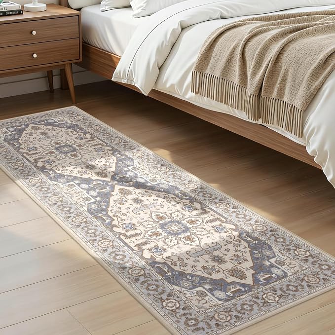 Joydeco Washable 2x6 Hallway Runner Vintage, Beige & Blue & Reddish-Brown | Water Resistant Low Pile Non Slip Backing for Kitchen Entryway Bedroom Bathroom Dining Room