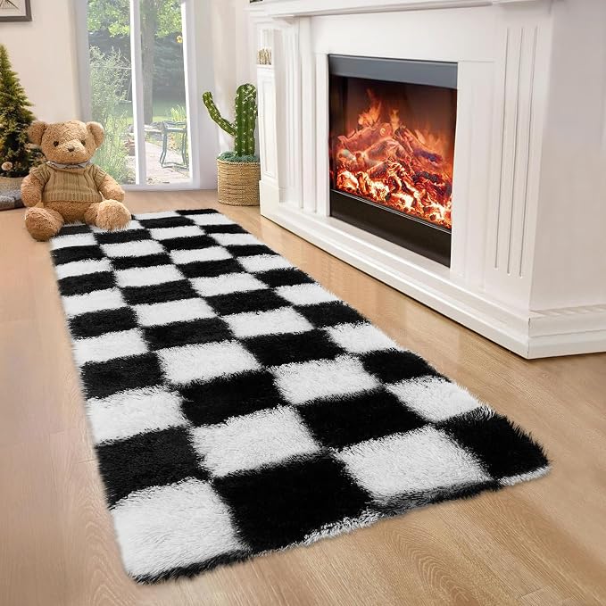 Garvee Checkered Fluffy Runner Rugs 2x6 Runner Rug for Hallyway Non-Slip Ultra Soft Checkered Fluffy Rugs for Girls Kids Room Shag Plush Rug for Teen Room Decor Bedroom,Black