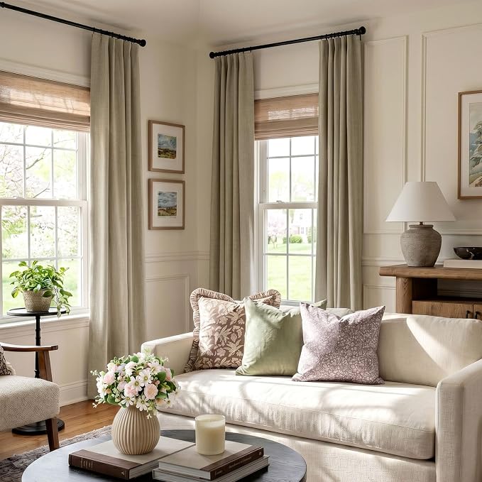 INOVADAY 100% Blackout Curtains for Bedroom, Earthy Beige Black Out Curtains 102 Inch Long, Clip Rings Linen Blackout Drapes, Thermal Insulated Room Darkening for Living Room, 2 Panels - W50xL102