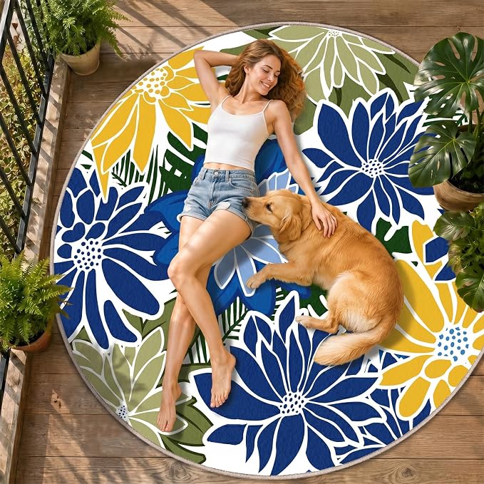 ZonLi Colorful Outdoor Rug 6x6Ft Waterproof Multicolored Indoor Area Rug Washable Outdoor Patio Rugs Tropical Floral Non Slip Outdoor Carpet for Living Room, Pool,Backyard,Deck,Camping