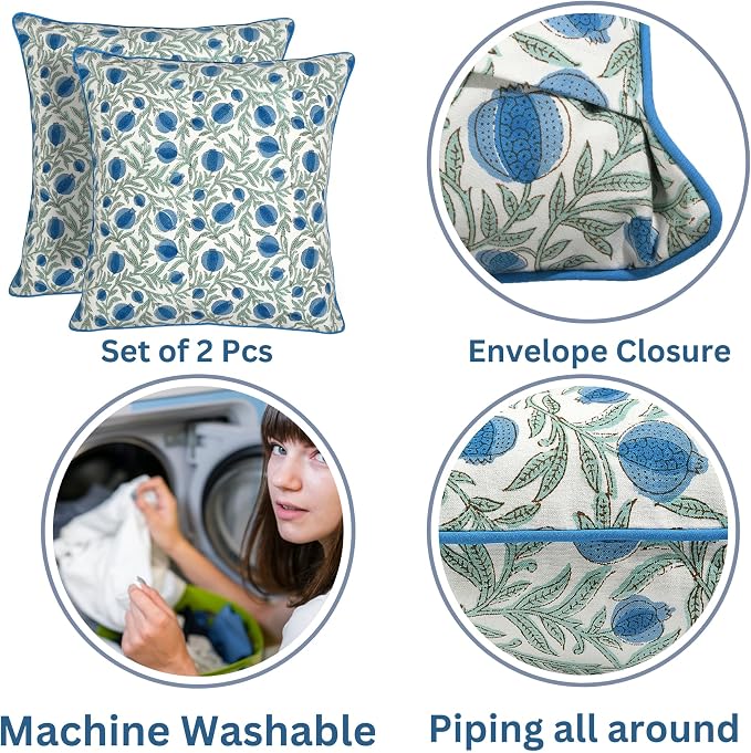 Ridhi Block Print Queen Blue Pillow Cover 24" x 24" (Pack of 2) Decorative Couch Pillows for Living Room, Farmhouse Chic Boho Cute Outdoor Pillows Covers Gifts for Spring, Mother's Day