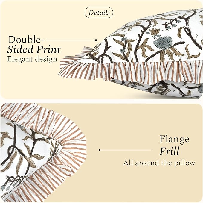 CPC Cocoa Vine Hand Block Print 100% Cotton Ruffle Throw Pillow Cover 24x24 inch with Hidden Zipper Decorative for Couch, Bed, Sofa, Farmhouse, Cottagecore Decor Gift Christmas Fall Thanksgiving